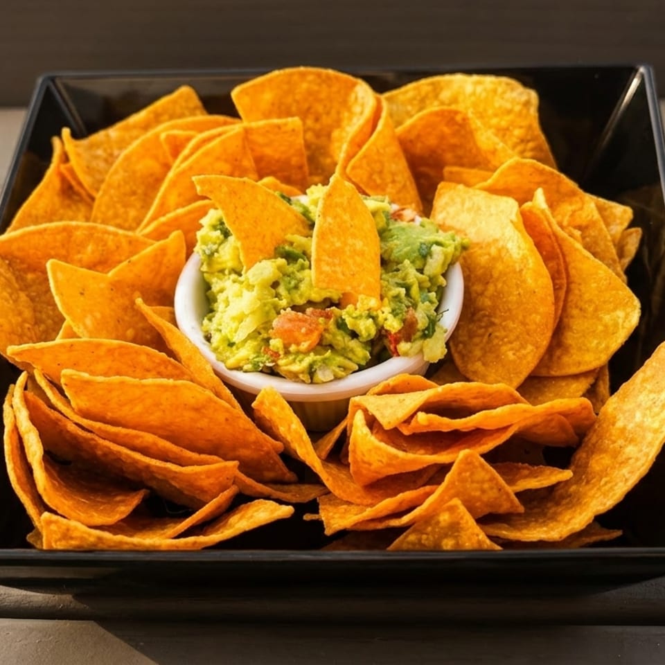 Guacamole dip with tortilla chips in a black square dish on a wooden table.
