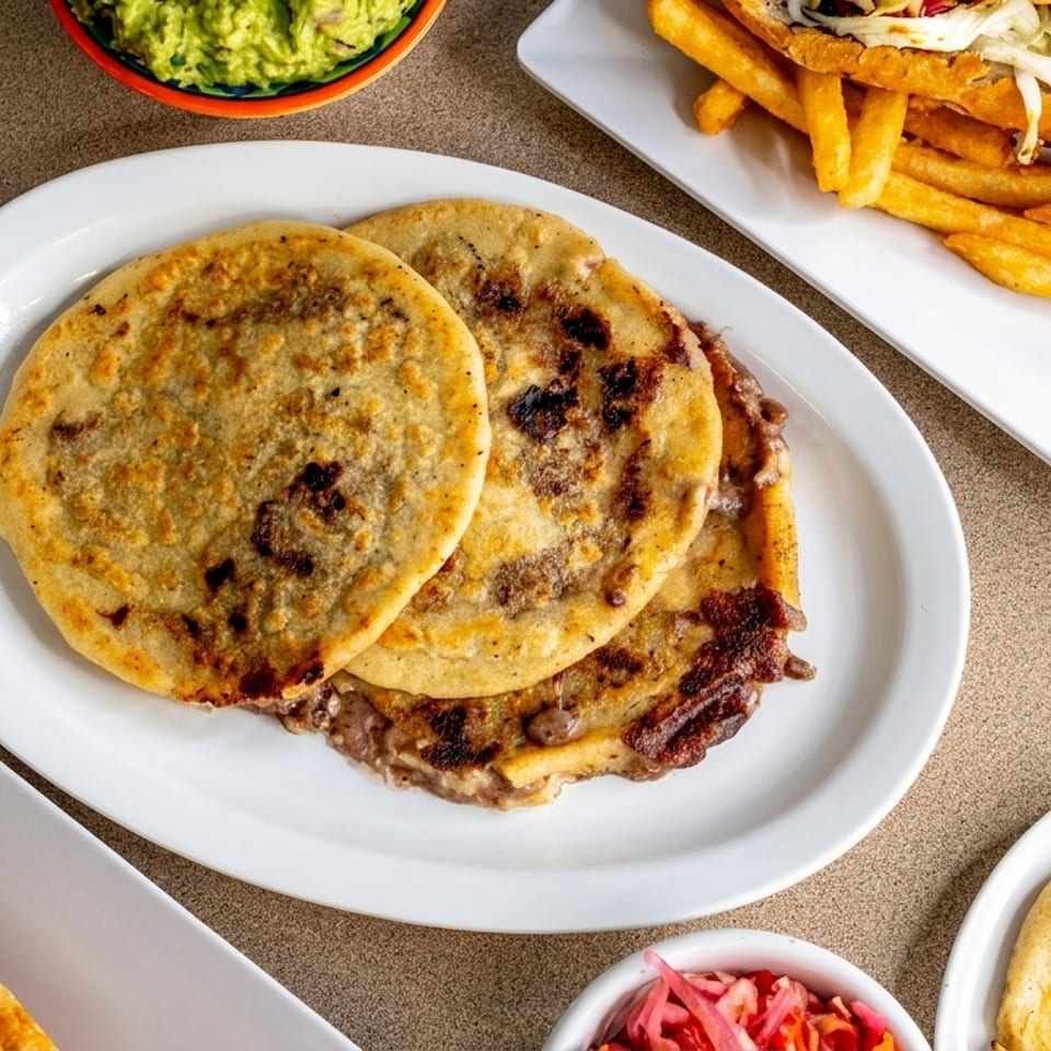 Assortment of Salvadoran dishes including pupusas, a sandwich with fries, guacamole, and curtido.