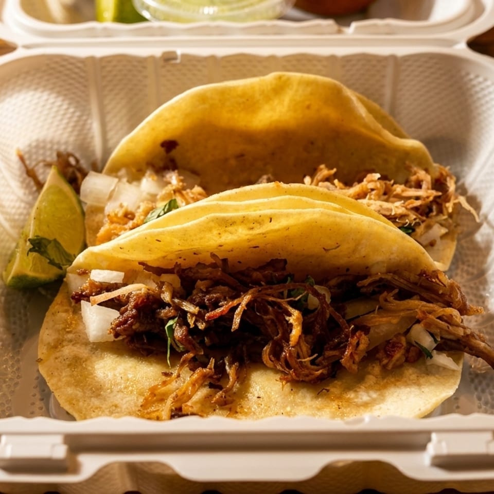 Two street tacos with shredded meat, onions, and lime in a white to-go container.