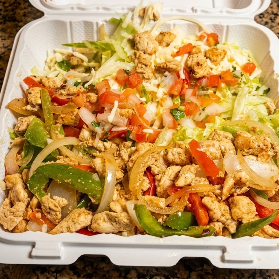 Chicken fajita bowl with peppers, onions, lettuce, and pico de gallo in a white takeout container.