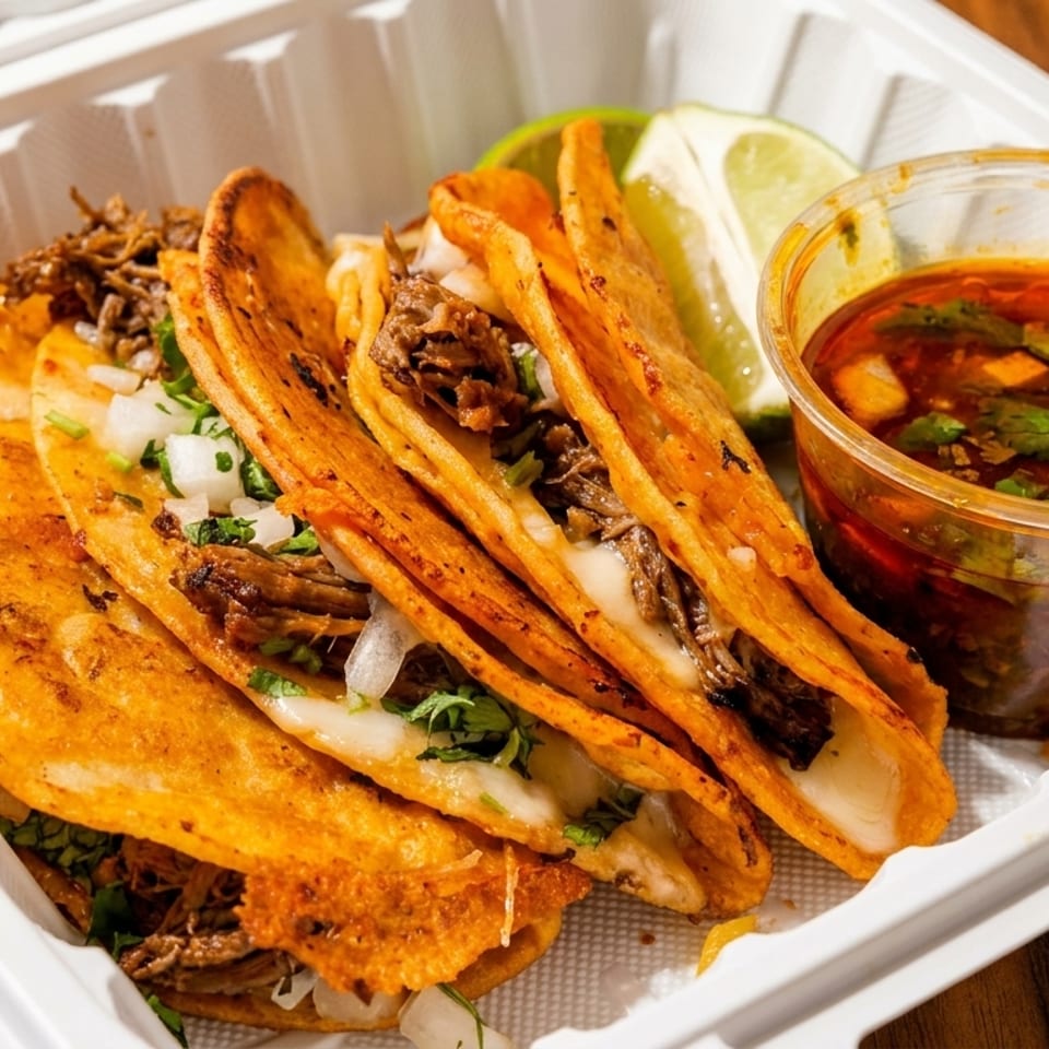 Four cheesy birria tacos with consommé and lime in a white takeout container.
