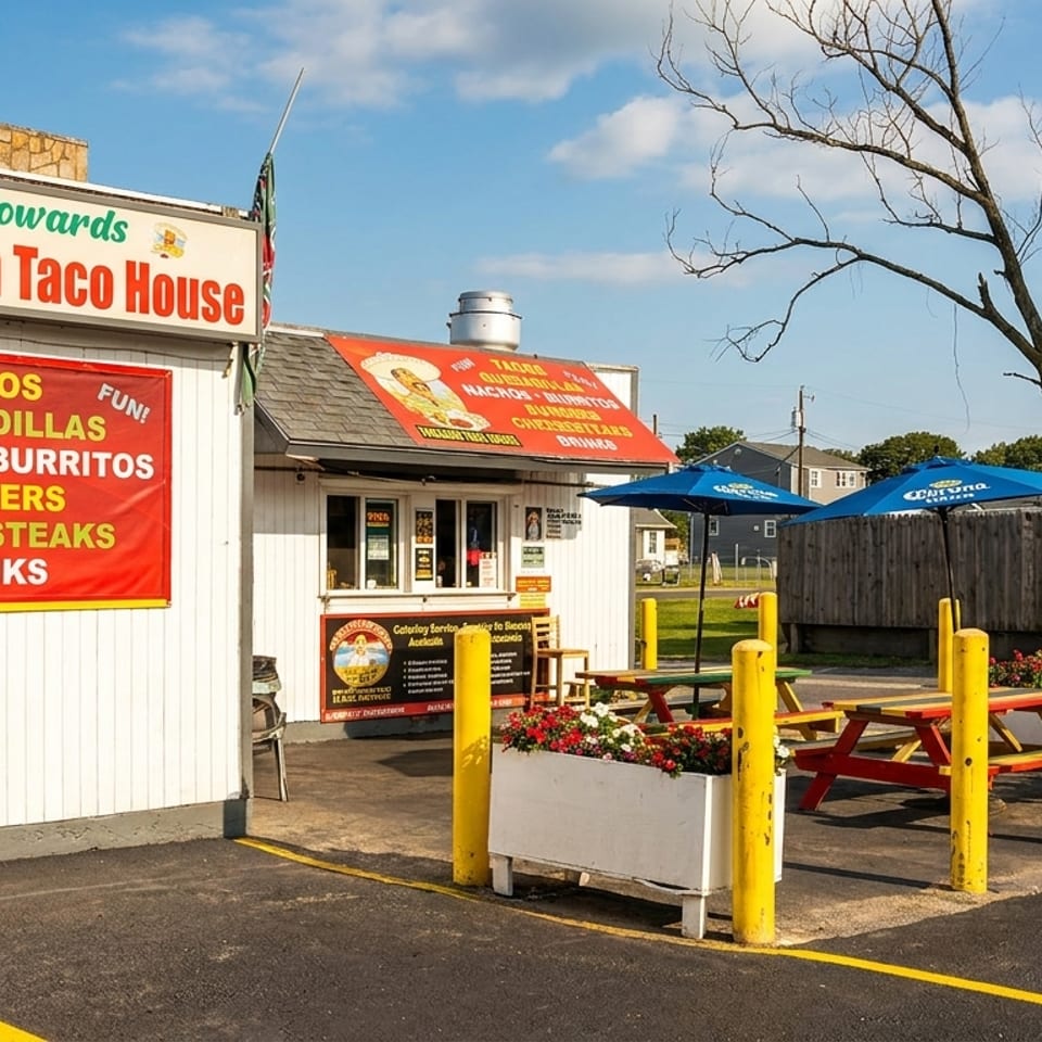 Exterior of Howards Mexican Taco House with outdoor seating, blue umbrellas, and menu banners.