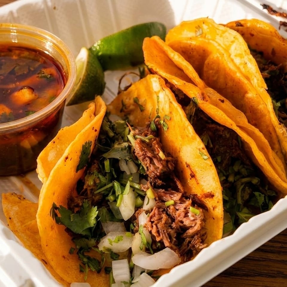 Birria tacos with shredded meat, cilantro, onions, consommé, and lime in a takeout container.