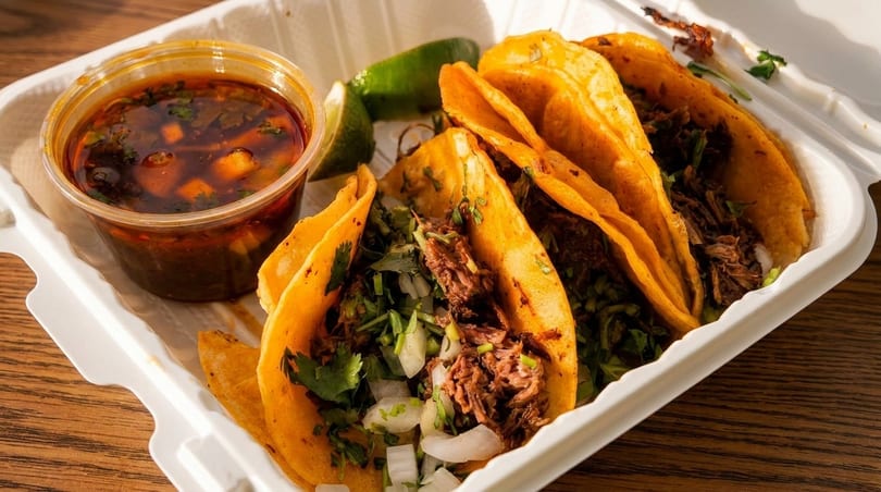 Birria tacos with shredded meat, cilantro, onions, consommé, and lime in a takeout container.