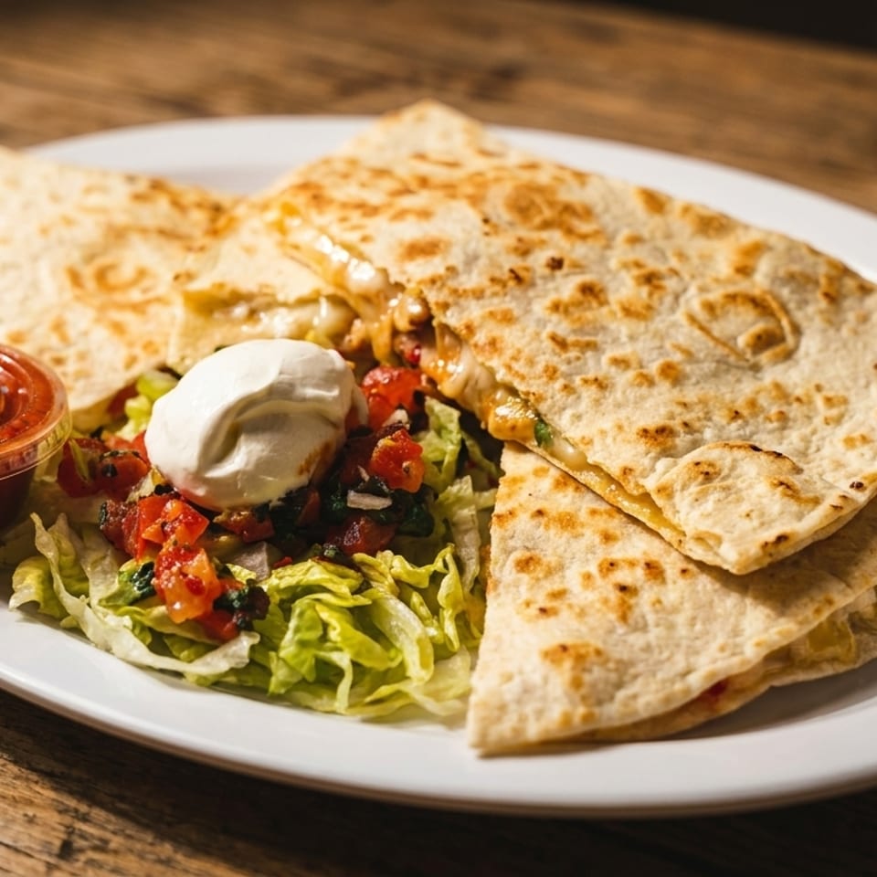Plate of cheesy quesadillas with salsa, sour cream, shredded lettuce, and pico de gallo on a wooden table.