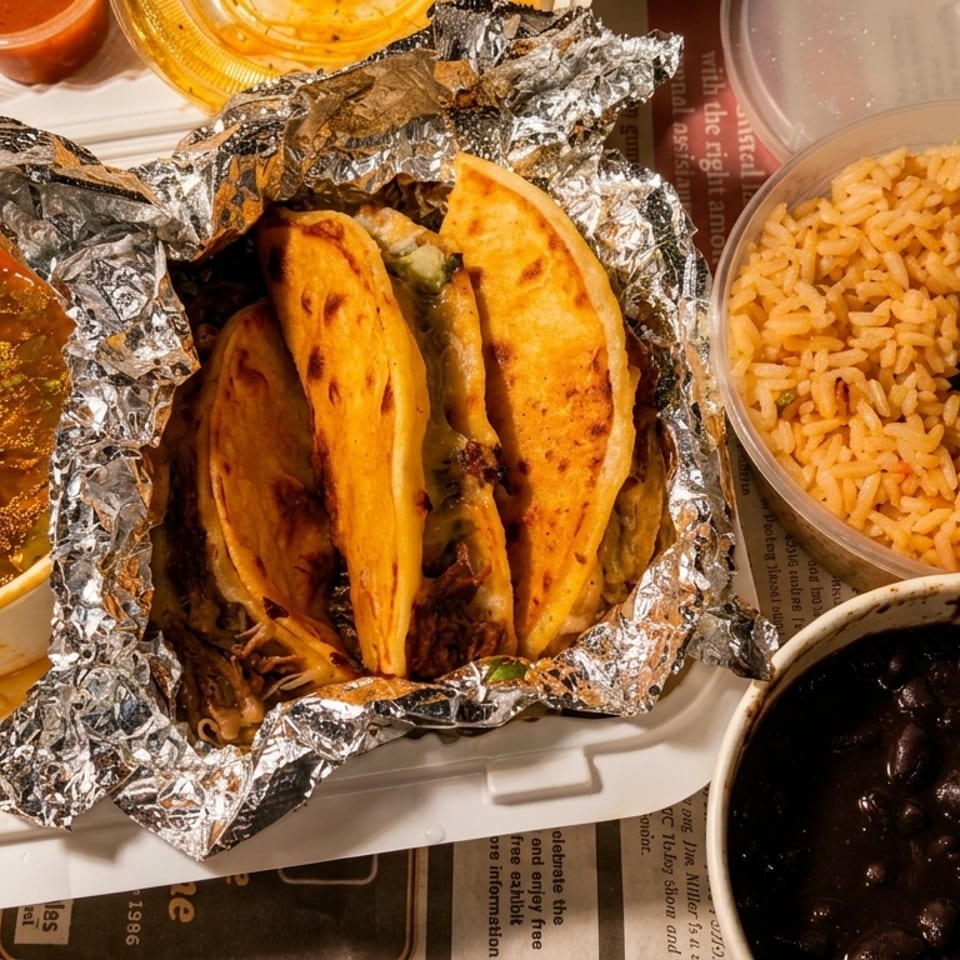 Mexican takeout meal featuring tacos, birria soup, rice, black beans, and lime wedges.